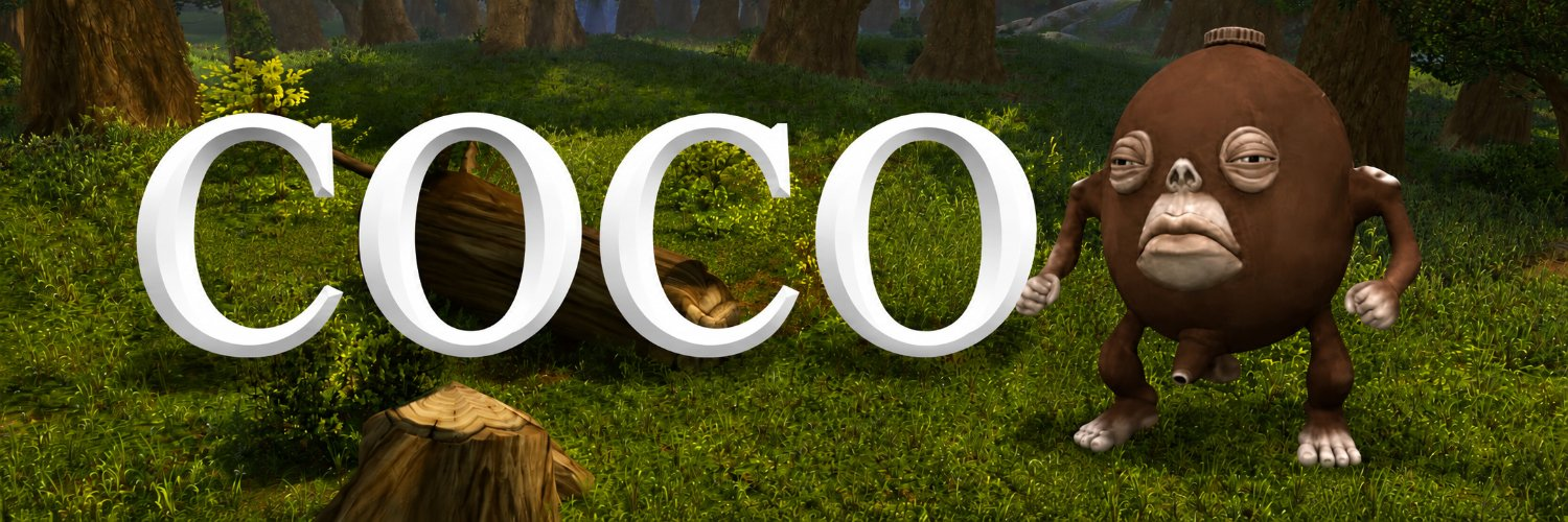COCO, a brown egg-shaped forest creature with a droopy tired face, standing in a lush green forest beside a giant COCO wordmark
