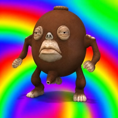 Close portrait of COCO, a brown egg-shaped creature with heavy-lidded sleepy eyes and big drooping lips, standing in a cartoon grass field